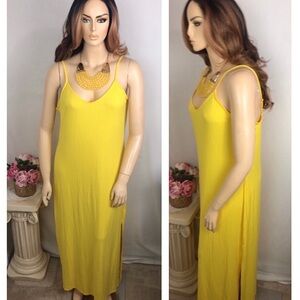 2X PLUS SIZE Solid Yellow Ribbed Long Maxi Sleeveless Y2K Spring Summer Dress